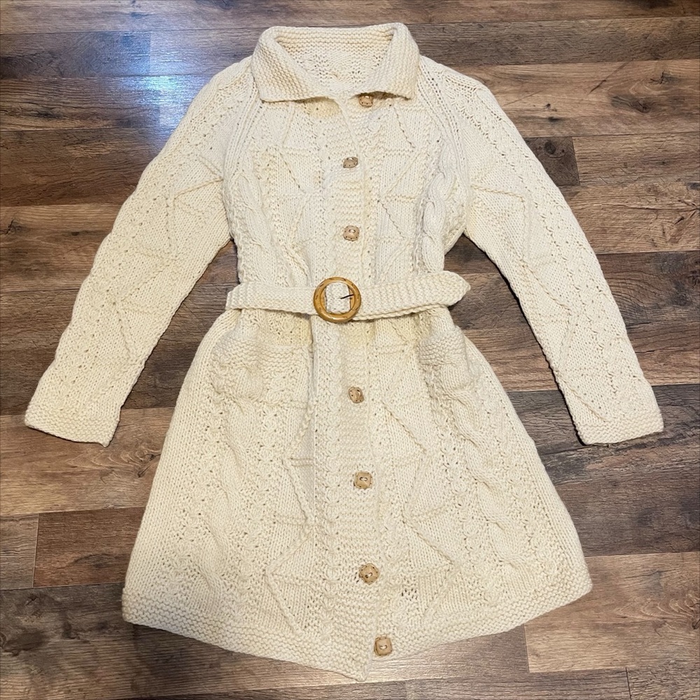 Vintage Cream Knit Button-Up Belted Cardigan